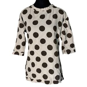 MISSLOOK Polka Dot Top Shirt 3/4 Length Sleeves Raw Hem Seams Cream Brown Small